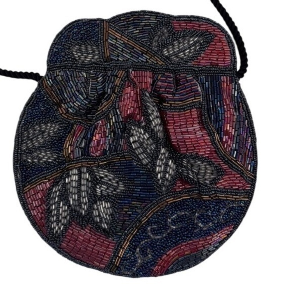 Jeromes Beaded Purse Evening Bag‎ Navy Red Floral Vintage